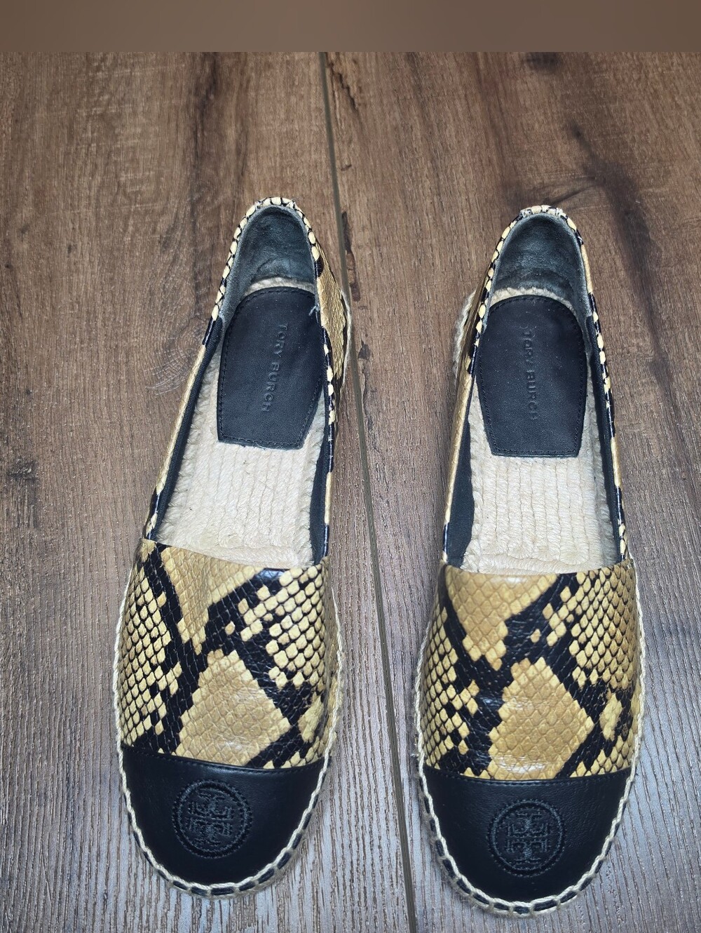 Tory Burch Snake Print Leather Espadrille Flats Black Tan